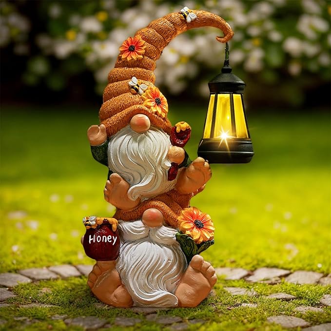 Garden Gnome Statue with Solar Lights – Large Outdoor Sculptures for Patio, Lawn, Yard – Ideal Gifts for Moms, Women, Grandma, Mothers Day, Birthdays, – Funny Double Gnomes Decoration for Housewarming