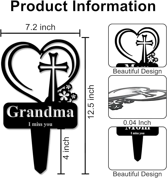 Grandma Memorial Grave Stake, Cemetery Decorations for Grave Markers 12.5 x 7.2 inch Heart Metal Sympathy Stakes Graveside Plaque Decor Sign for Grandma Graves, Yard, Garden - Black-Grandma
