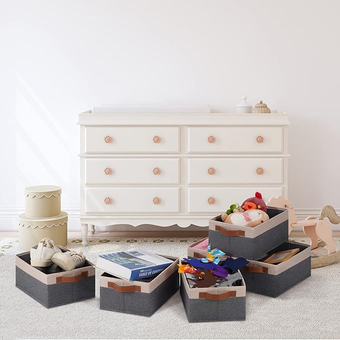 GhvyenntteS Small Fabric Storage Bins 12 Pack, 11.8" x 7.87" x 5.11" Storage Basket with Leather Handles, Closet Storage Bins for Shelves, Storage Baskets for Shelves, DVD Storage (Grey&Beige Yellow)