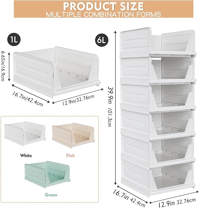 6 Pack Stackable Closet Storage Basket - Stackable Storage Bins, Multifunctional & Foldable Closet Organizer, Wardrobe Storage Space-Saving Clothes Storage Drawer Organizer, White