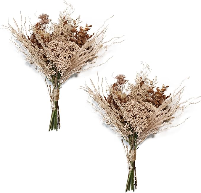2 Pack Boho Artificial Flowers Plants Bouquet Decoration 13.8inch, Fake Plastic Brown Eucalyptus and Beige Grasses, Faux Floral Arrangement for Wedding Centerpieces Party Home Fall Decor