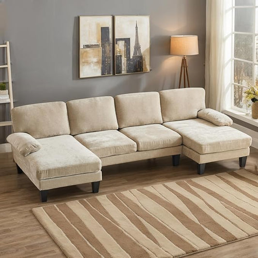 Karl home U-Shape Sectional Sofa Couch 111" Modern 4-Seat Sofa with Chaises Chenille Fabric Upholstered Covertible Couch with Wood Grain Legs for Living Room, Reception Room, Apartment, Khaki