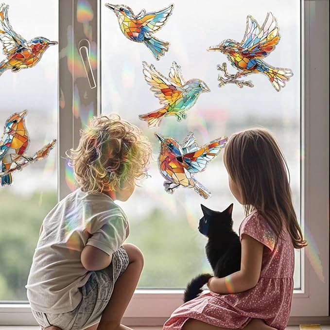 12pcs Window Decals for Bird Strikes, Anti Collision Window Clings, Rainbow Reflection Window Sticker, Hummingbird Style Sun Catcher Stickers for Glass Windows