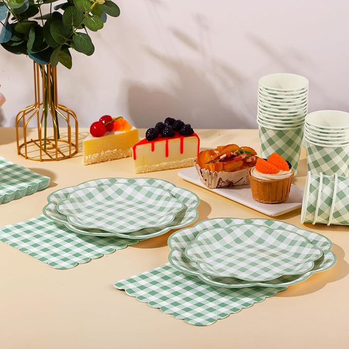 350 Pcs Sage Green Gingham Paper Plates and Napkins Party Supplies - Sage Green and White Checkered Plates Scalloped Plaid Plate for Birthday Dinner Picnic BBQ Party Decorations, Serve 50 Guests