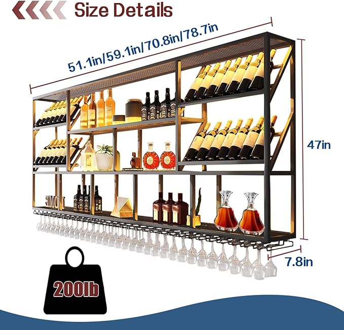 70.8Inch Wall Mounted Wine Rack, 3 Tiers Large Bar Shelves with 18 Glass Holder, Metal Wine Bottle Display Shelf, Modern Iron Liquor Shelf, for Kitchen Dining, Home Bar, Cellar (70.8" W)