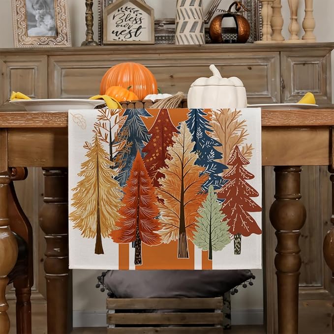 GEEORY Fall Watercolor Trees & Maple Leaves Striped Table Runner 13x48 Inch, Rustic Farmhouse Autumn Thanksgiving Decor for Kitchen, Dining, Indoor/Outdoor Holiday Dinner Party Orange GT157-48