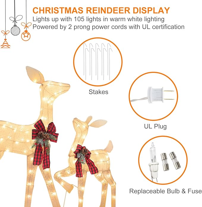 2 Pcs Reindeer Christmas Decoration, Xmas Lighted White Shimmering Doe and Fawn Display Set with 105 Warm White Lights for Yard Lawn Indoor Outdoor