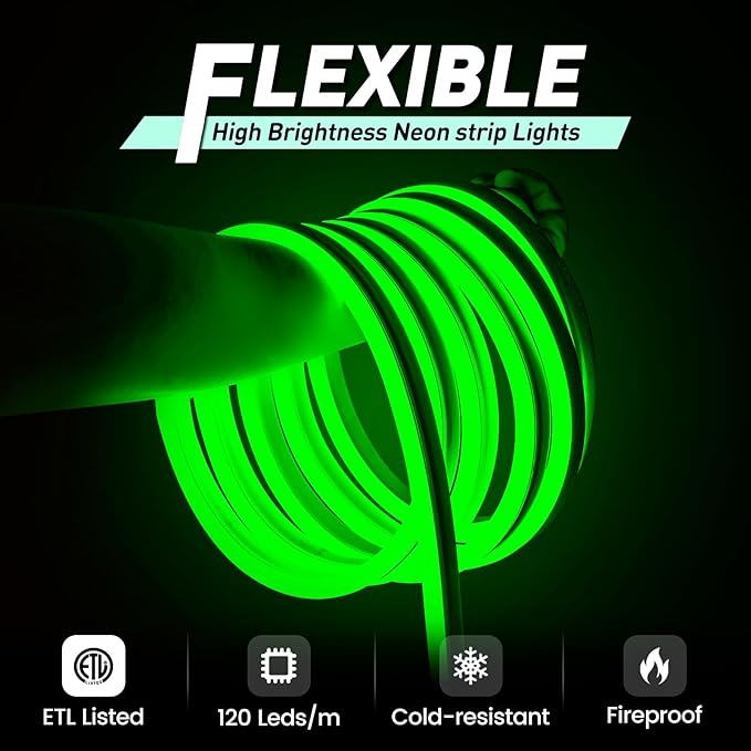 GZBtech Flexible LED Neon Rope Lights 50FT,AC 110-120V Waterproof Strip Light, 120 LEDs/M Cuttable Connectable Neon Lighting for Indoor Outdoor Home Decor/Commercial Building Use-Green 15M
