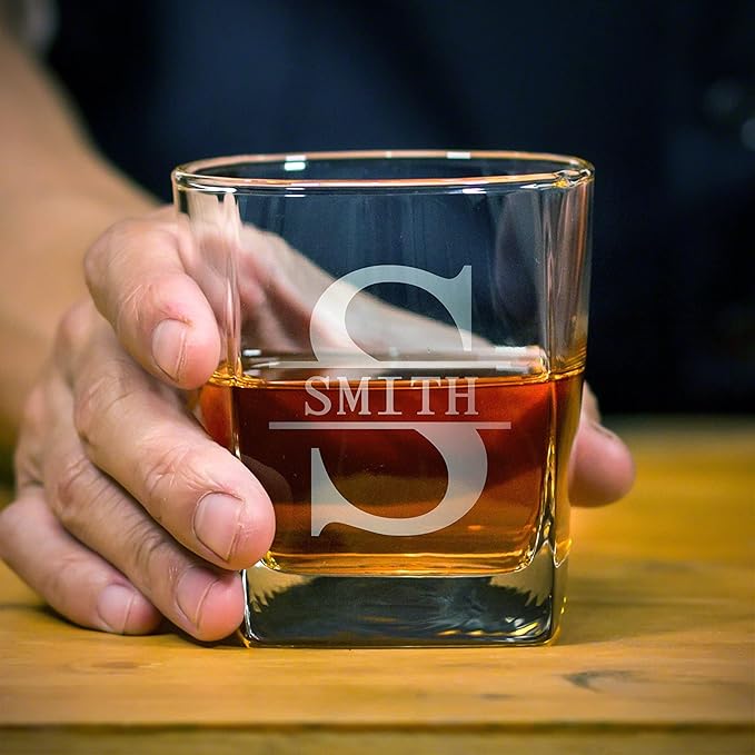 Personalized Whiskey Decanter Set with 4 Glasses and Custom Wood Box - 9 Design Options - Bourbon Glass Set