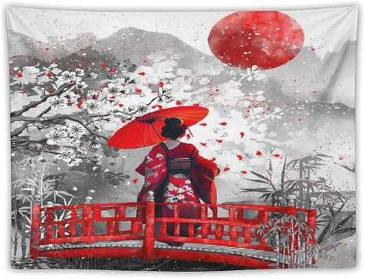Japanese Red Geisha Tapestry Asian Cherry Blossom Red Sun Traditional Kimono Folk Tapestries Home Decor for Living Room Bedroom Apartment Farmhouse Dorm 90"x60"