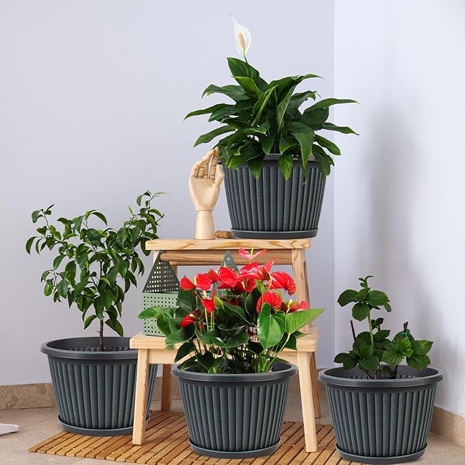 10 Inch Planter-Pots-for-Plants-Indoor-Outdoor, 4 Pack Plastic Flower Pots with Saucer & Drainage Holes, Modern Decorative Resin Garden Pots