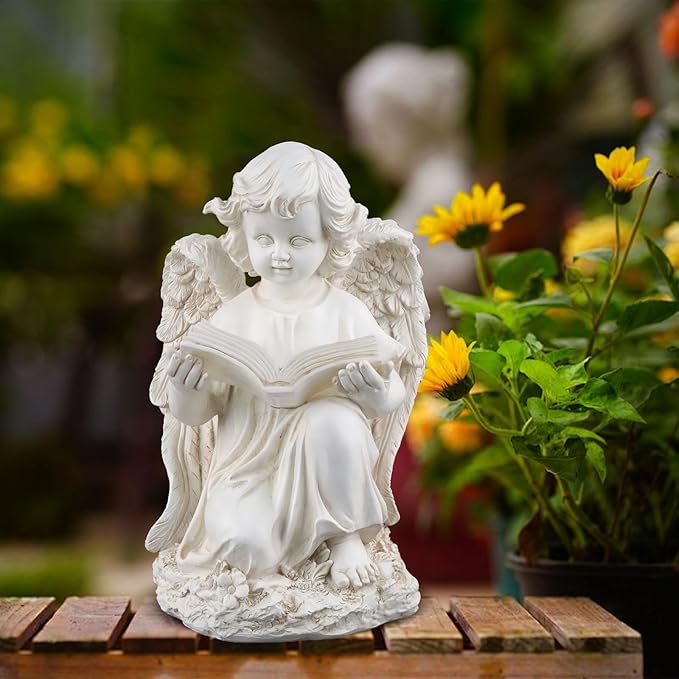 Garden Angel Statues for Outside, Solar Angel for Garden with Bible & Cemetery Decorations for Grave, Angel Figurines for Yard Patio Decor & Lawn Ornaments, Gifts for Mom Grandma Women