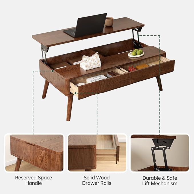 100% Solid Wood Lift Top Coffee Table for Living Room, Mid Century Modern Tables with Drawers and Large Storage, Oak Wood Coffee Tables for Small Spaces (Oak Walnut Color, 47.24"W x 23.62"D x 25.59"H)