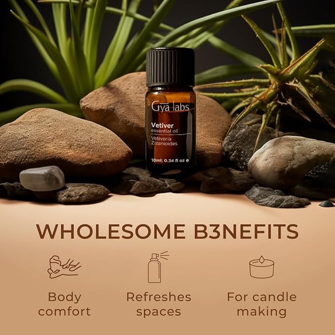 Gya Labs Vetiver Essential Oil Creates a Tranquil Atmosphere for Relaxation - 0.34 Fl Oz - 100% Pure Natural Vetiver Oil for Skin, Hair, Diffuser & Candle Making Scent
