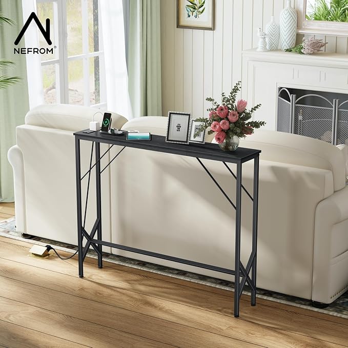 39.4" Console Table, Skinny Entryway Table with Fast-Charging Station, Narrow Long Sofa Table, Behind Slim Couch Table for Entrance, Hallway, Living Room Decor ST-BK100-1