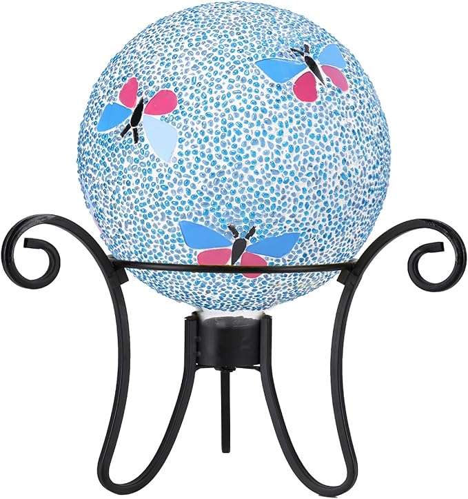 Gazing Ball 8 Inch Butterfly Glass Mosaic Garden Globe Outdoor Gazing Globe Yard Ornament for Garden Yard Home Lawn Outdoor Decoration Gift for Women (Not Solar Powered)
