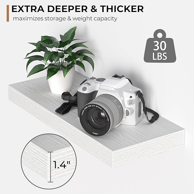 Fun Memories Floating Shelves - 16 Inch Rustic White Wall Shelf - Wall Mounted Shelves for Wall Decor Storage - Wooden Shelves with Invisible Brackets for Living Room, Bedroom, Kitchen, 2 Pack