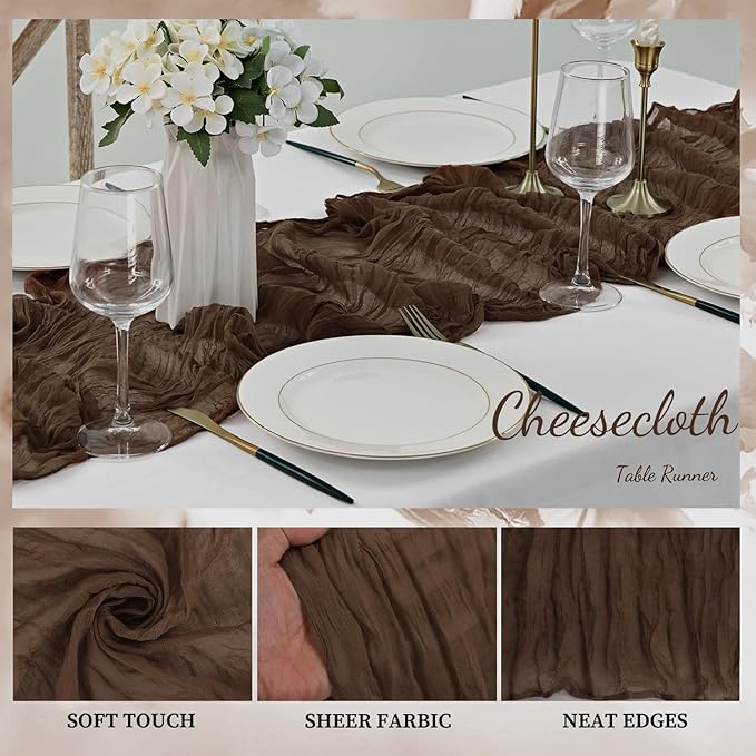 6FT 20 Pack Brown Cheesecloth Table Runner 20 x 120 Inch Long Boho Fabric Rustic Cheese Cloth Table Runner for Wedding Bridal Shower Baby Shower Gauze Sheer Birthday Party Table Decorations