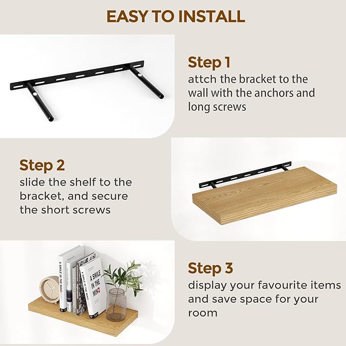 Fun Memories Rustic Wood Floating Shelves for Wall, 36 x 9 Wall Shelves Set of 2, Deep Floating Shelf for Kitchen, Living Room Storage & Display, Rustic Deep Bookshelf, Oak Color