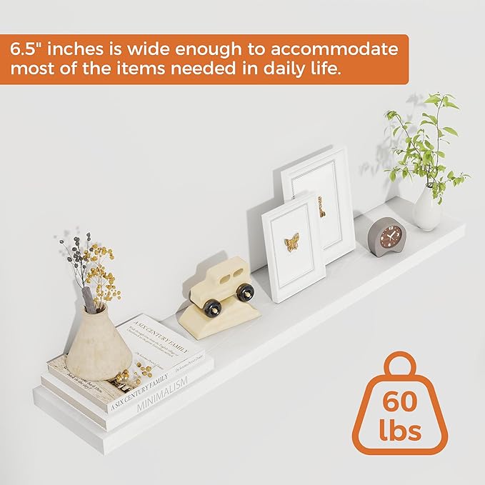 Fun Memories 36Inch Floating Shelves for Wall 2 Pack Wood Shelves for Kitchen, Bathroom, Bedroom Wall Mounted Rustic Wood Floating Shelf with Invisible Brackets for Books, Storage, Decor, White