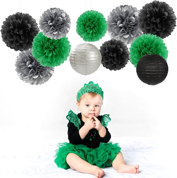 Green-Black Silver Party-Decorations Paper Flowers Lanterns - 15PCS Football Game Day Birthday Tissue Pom Poms Streamers, Bachelorette New Years Hanging Supplies Decor Hugfond