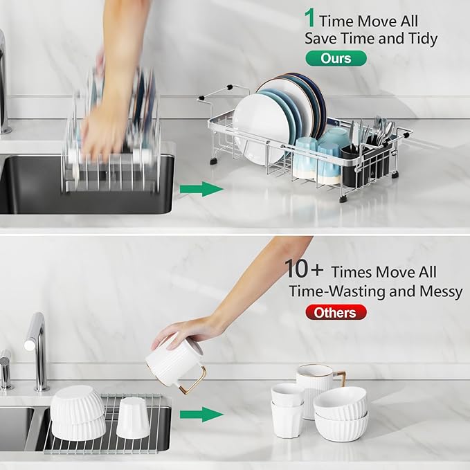 GSlife Expandable in Sink Small Dish Drying Rack - Stainless Steel Capacity Adjustable Over The Sink Dish Rack with Cup Holder (12" -16.8"), Dish Drainer for Kitchen Sink with Utensil Holder, Silver
