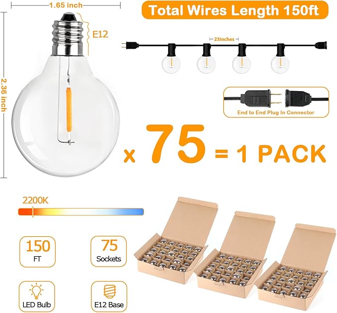 150FT LED Globe Outdoor String Lights, Dimmable Patio With 75+2 G40 Shatterproof Bulbs, Waterproof Outside Hanging, 2200K Commercial Backyard for Porch Bistro Party Balcony Garden