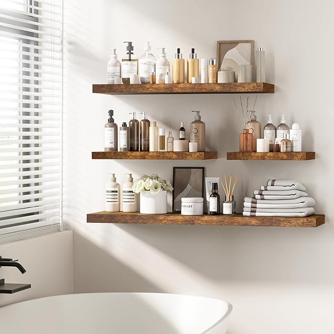 Fun Memories Floating Shelves - 2 Pack 12 Inch Deep Rustic Wooden Wall Shelves - Extra Deeper & Thicker Wall Mounted Storage Shelf for Living Room, Kitchen, Farmhouse - 24" W x 12" D x 1.5" H - Brown