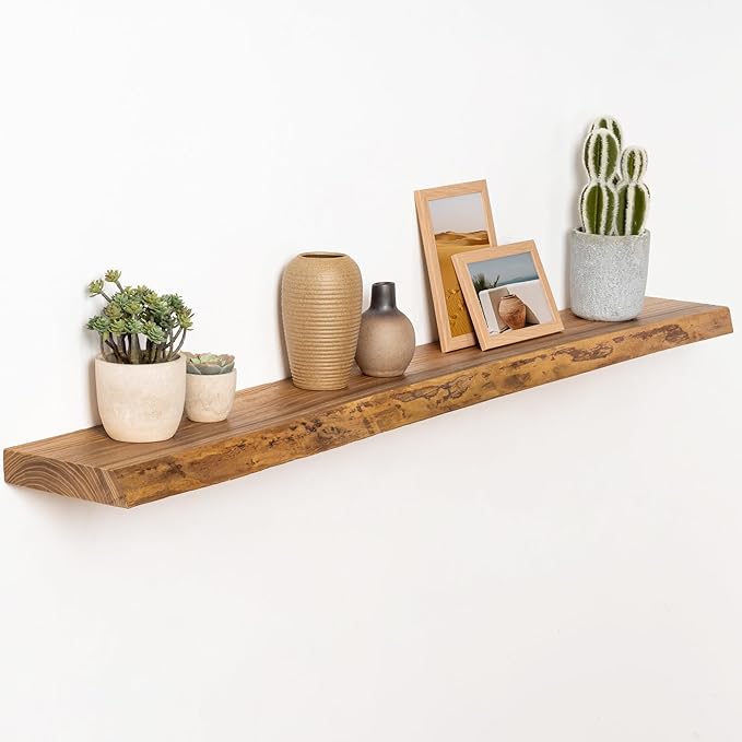 Fun Memories 48" Floating Shelves for Wall, Live Edge Solid Elm Wood Floating Shelf with Invisible Bracket, Wall Mounted Display Wooden Shelves for Bathroom, Kitchen, Bedroom, Natural Color, Set of 1
