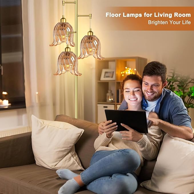 Gold Floor Lamp for Living Room,Bedroom,Tree 3 Light Standing Lamp Mid Century Modern Brass Tall Floor Lamps Vintage Retro Floor Lights Glass Flower Amber Lamp Shade Farmhouse Boho Bohemian