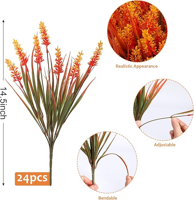 Geegoods 24 Bundles Artificial Fall Flowers Outdoor – Faux Lavender Flowers with Monkey Grass UV Resistant Plastic Faux Plants for Garden Porch Patio Home Decor, Autumn-Orange Color
