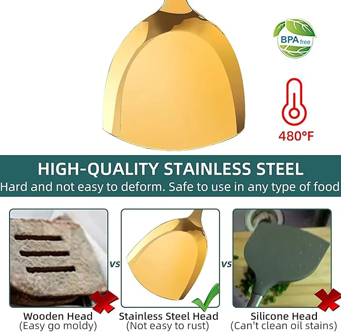 Generic Stainless Steel Kitchen Utensil Set, Spoon, Spatula, Pasta Server, Small Spatula (Green & Gold)