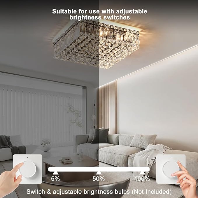 12-Lights Black Crystal Flush Mount Ceiling Light Fixtures,Elegant Crystal Chandelier Pendant Ceiling Lamp for Bedroom,Living Room,Dining Room,Hallway H5.9 x W20 x L20 (Bulb Not Included)Square