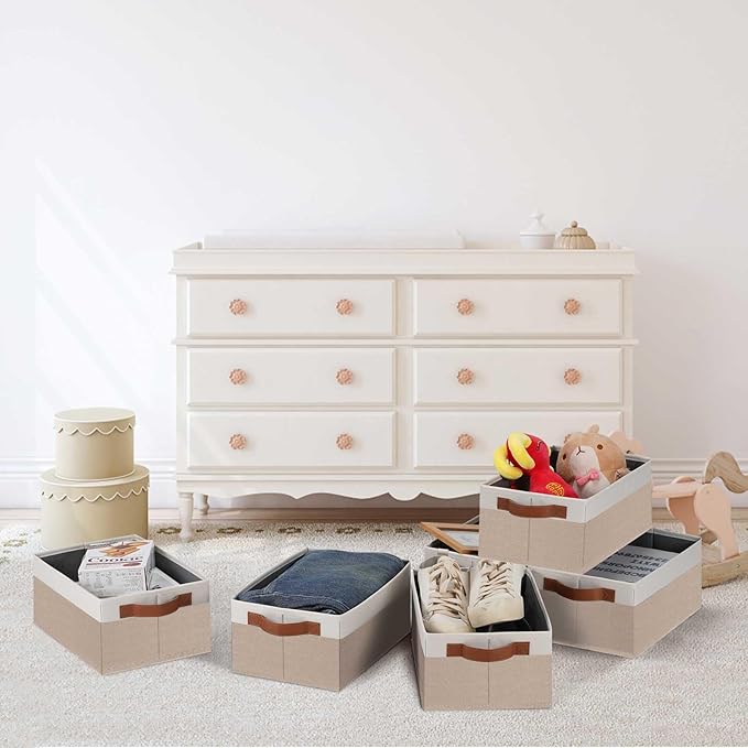 GhvyenntteS Small Fabric Storage Bins 12 Pack, 11.8" x 7.87" x 5.11" Storage Basket with Leather Handles, Closet Storage Bins for Shelves, Storage Baskets for Shelves, DVD Storage (Pink/White)