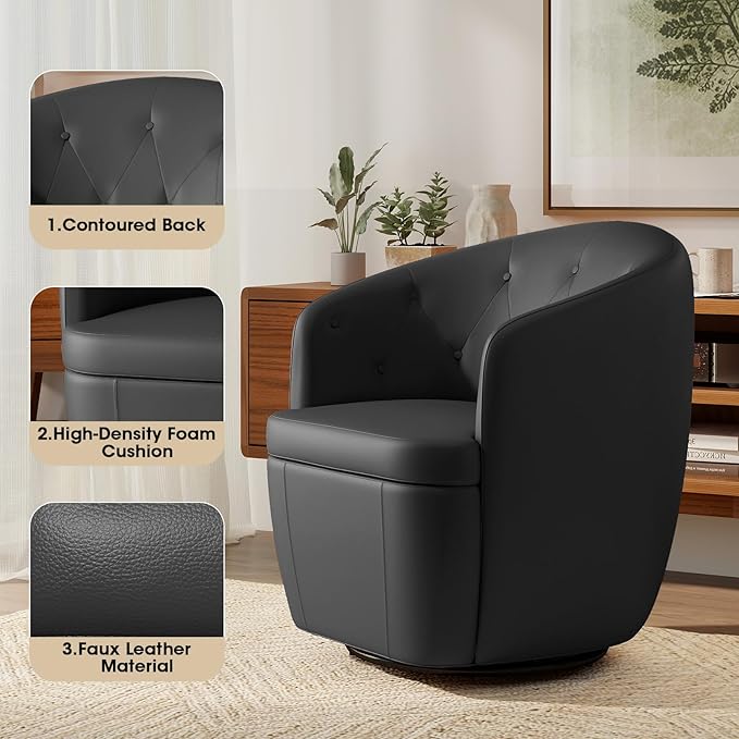360° Swivel Leather Accent Chair, Modern Barrel Club Chair with Leather Upholstery and Sturdy Base, Comfortable Armchair for Living Room, Bedroom, Reading Nook, Brown