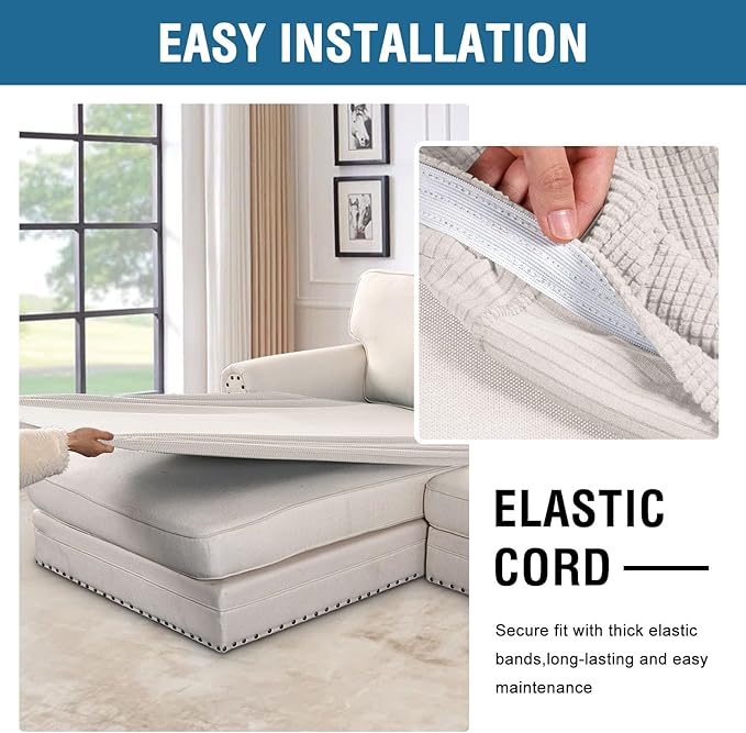 H.VERSAILTEX Super Stretch Individual Chaise Cover Sectional Couch Covers for L Shaped Sofa Both Left/Right Featuring Thick Jacquard Textured Twill Fabric (1 Piece Chaise Cover, Ivory)