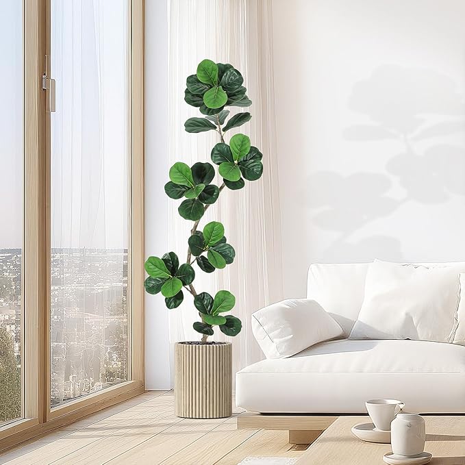 GarveeHome Fiddle Leaf Fig Artificial Tree with White Planter,6ft Faux Plants Indoor with Moss, Fake Rubber Tall Fake Floor Plant in Pot - Artificial Trees for Home Office Living Room Decor