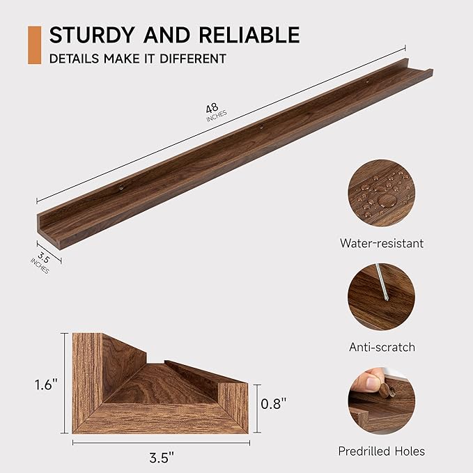 Fun Memories Picture Ledge Shelf, 48 Inch Floating Shelves Set of 2, Large Nursery Book Shelves for Toys Storage, Kids Bookshelf Wall Mounted for Wall Decor Books Photo Frames, Walnut