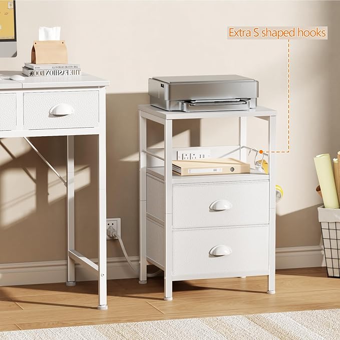 Furologee End Table with Charging Station, Nightstand with Fabric Drawers, Side Tables with USB Ports & Outlets, Night Stand with Storage Shelf & Hooks, for Living Room/Bedroom, White