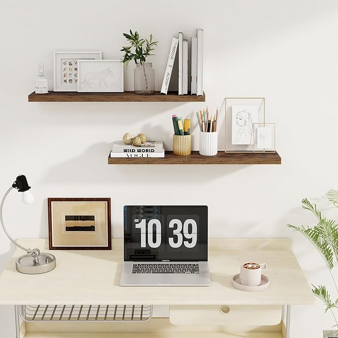 32Inch Floating Shelves for Wall 2 Pack Wood Shelves for Kitchen, Bathroom, Bedroom Wall Mounted Rustic Wood Floating Shelf with Invisible Brackets for Books, Storage, Decor, Rustic Brown