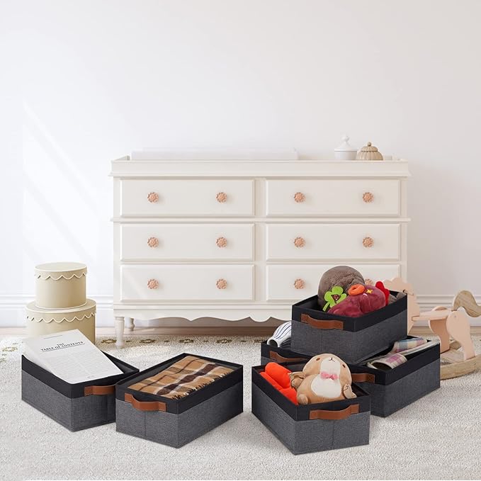 GhvyenntteS Small Fabric Storage Bins with Handles 6 Pack, 11.8" x 7.87" x 5.11" Storage Baskets for Shelves, Baskets for Organizing Clothes Underwear Socks Hats DVDs (Grey/Black)