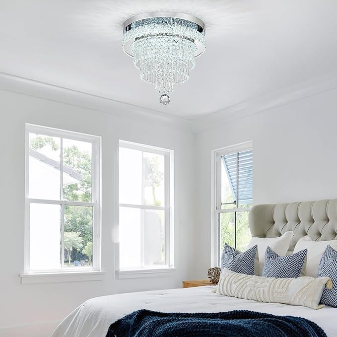 16“ Crystal Chandeliers Light Flush Mount Ceiling Light Fixtures Round Modern LED Chandelier for Living Room Bedroom Dining Room Closet Hallway (Cool White)