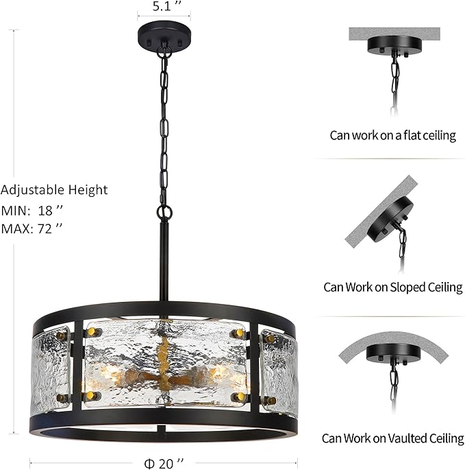 20" Farmhouse Round Black Chandelier, 5-Light Rustic Dining Room Light Fixtures Over Table, Industrial Glass Chandeliers for Dining Kitchen Living Room, Clear Waterglass Drum Shade