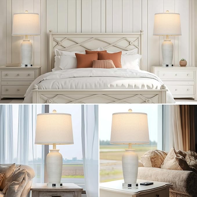 25" Farmhouse Jar Table Lamps Set of 2,Rustic Cream Pot Table Lamp for Bedroom, Living Room,3 Way Touch Control Rustic Bedside Lamps with USB A+C Ports & AC Outlet(LED Bulbs Included)