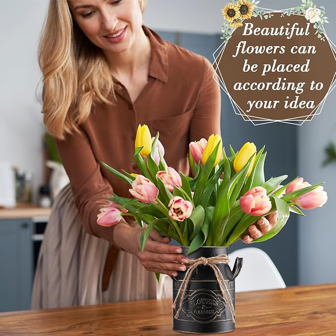 6 Inch Farmhouse Vase Decor Milk Can Vintage Flower Jug Galvanized Metal Vase with Handle Rustic Flower Buckets for Thanksgiving Christmas Table Centerpiece Weddings Gifts(Black,8 Pcs)