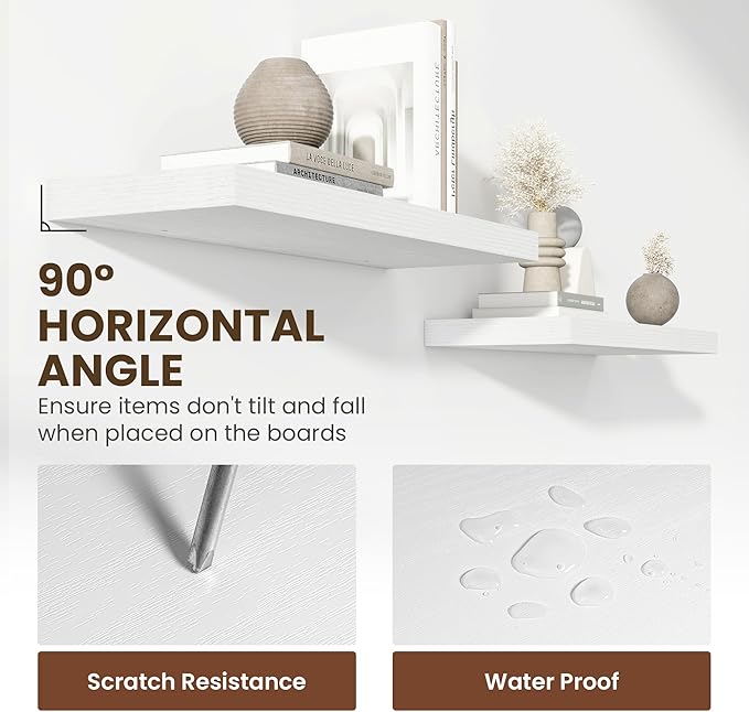 24 Inch Floating Shelves, 12 Inch Deep Floating Shelves for Wall, Floating Shelf with Invisible Brackets, Deep Shelves for Bathroom, Bedroom, Living Room, 2 Pack, White