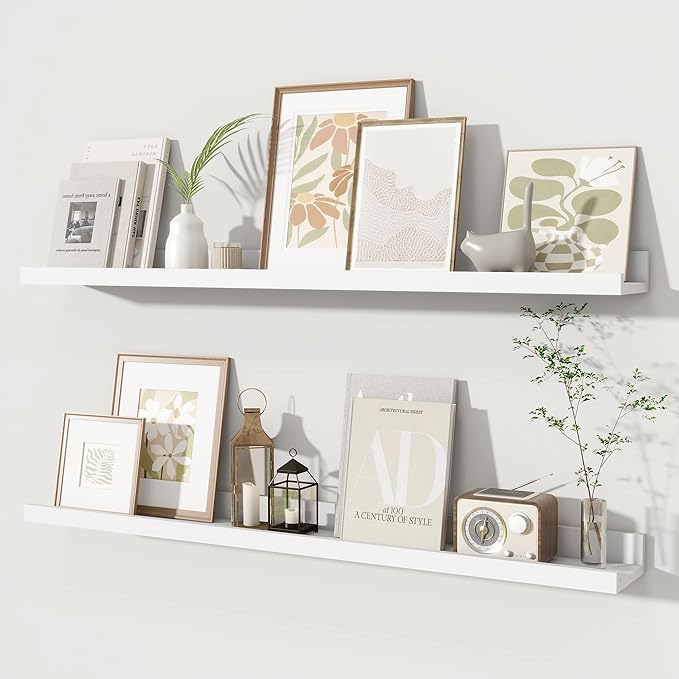 Fun Memories Picture Ledge Shelves Set of 2, 36 Inch Rustic Wall Mounted Floating Shelves with Lip for Home Storage and Décor in Bathroom, Kitchen, Nursery, Bedroom, Living Room, White