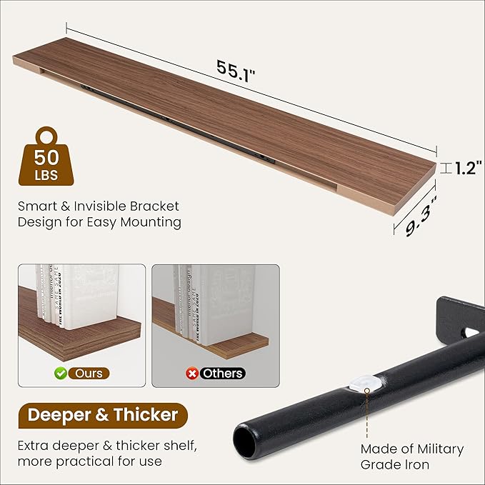 Fun Memories 55 Inch Fireplace Mantel Shelf -Long Floating Shelves, Deep Wall Mounted Farmhouse Display Shelves with Invisible Heavy Duty Metal Bracket, Walnut, 2 Pack