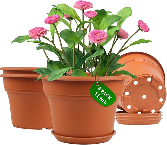11 Inch Plastic-Flower-Pot-for-Indoor-Plants, 4 Pack Large Outdoor Planter Pot with Drainage Holes & Saucers, Resin Decorative Garden Pots Planters