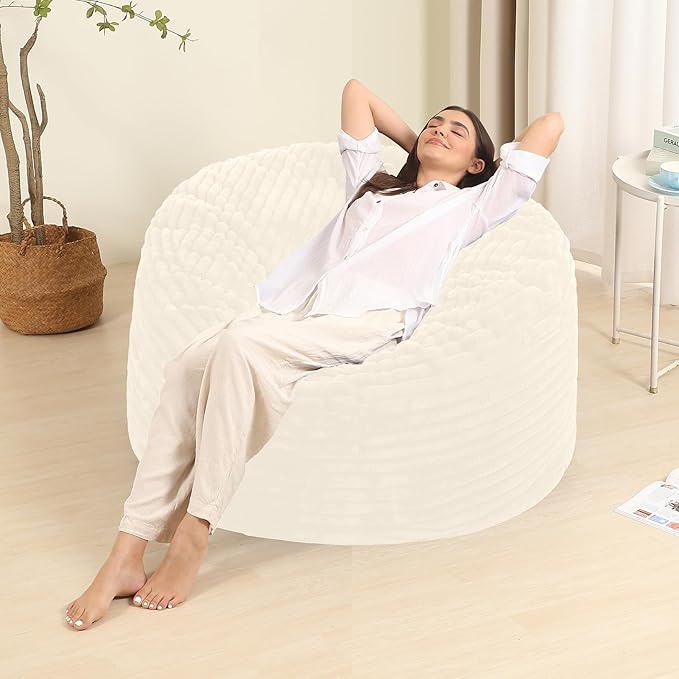 Memory Foam Bean Bag Chair for Adults/Teens, Bean Bag Sofa with Fluffy Removable Cover, for Living Room Bedroom, 3FT White